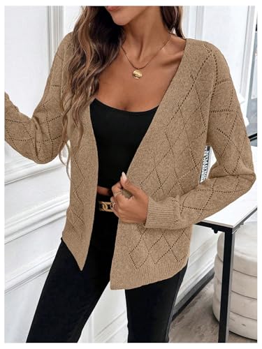 Verdusa Women's Argyle Plaid Lightweight Cardigan Sweaters Open Front Hollow Out Knitted Outerwear Dressy Casual Outfits4