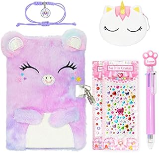 Yinuofa Cat Diary for Girls with Lock and Keys , Kids Journal School Travel Notebook Gift Set for Writing and Drawing, Secret Diary with Multicolored Pen Stickers Purse Bracelet