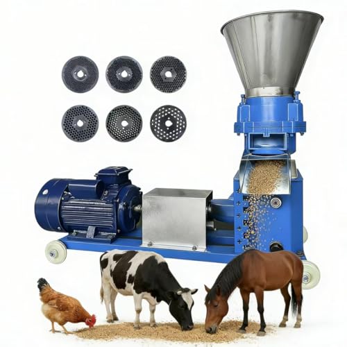 gaveming Animal Pellet Feed Mill Machine with 6 Grinding Discs 2.5/3/4/5/6/8mm, 110V Pellet Maker Machine, 5.5KW Copper Motor 100-200kg/h with Air Switch 3 Head Rollers and A Splash Plate 160 Type
