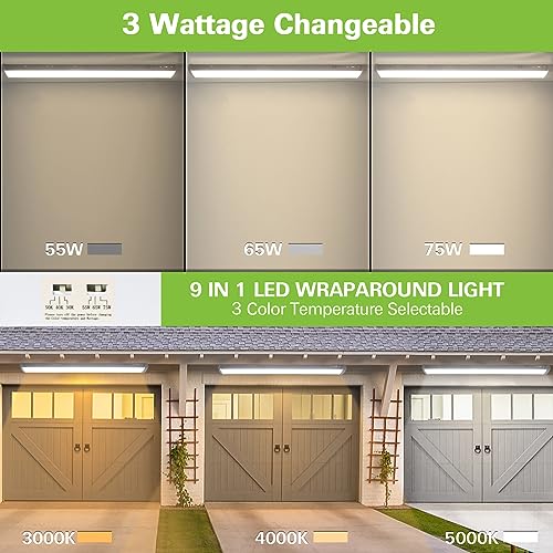 Image of 4FT LED Flush Mount Wraparound Light, with 3 Wattages /3 Lumens /3 CCT Selectable, 55W /65W /75W, 5500lm /6500lm /7500lm, 3000K /4000K /5000K, 4 Foot LED Wraparound Light Fixture for Garage, Office, ETL