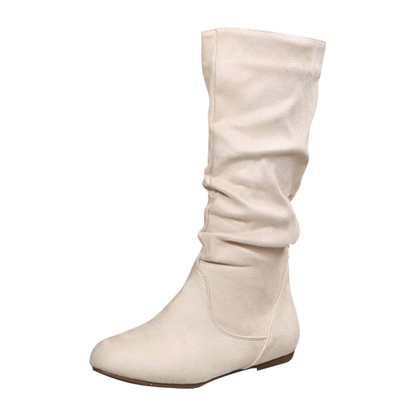 Womens Slouchy Knee High Boots Stretch Side Zipper Pull On Flat Heel Round Toe Mid Calf Boots Fall