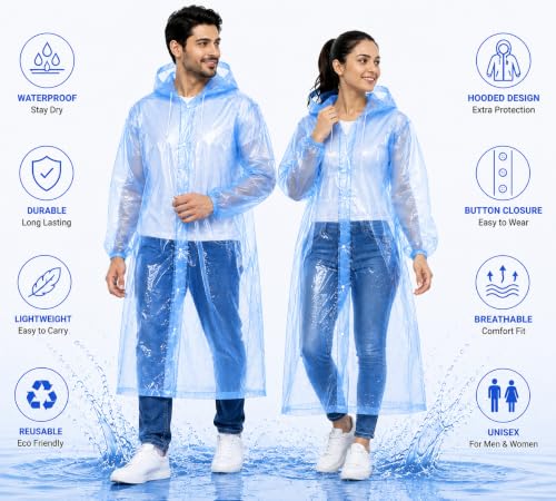 Image of Full Length Waterproof Raincoat for Men & Women | Hooded Transparent Rain Wear with Sleeves | Reusable Long Rain Jacket for Bike Riding, Travel, Camping & Monsoon Protection