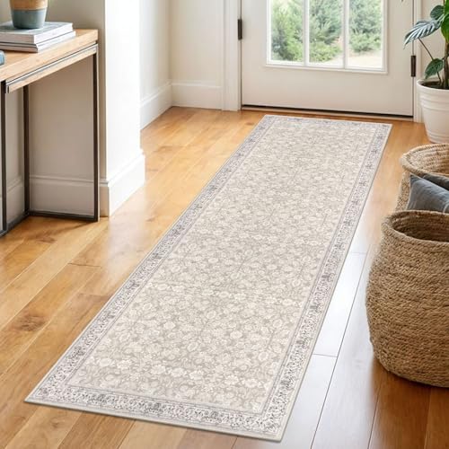 2x6 Grey Begie Washable Runner Rug for Hallways, Soft Neutral Vintage Kitchen Rugs with Non-Slip, Non-Shedding Distressed Floral Rug for Bedroom Kitchen Porch Laundry Entryway