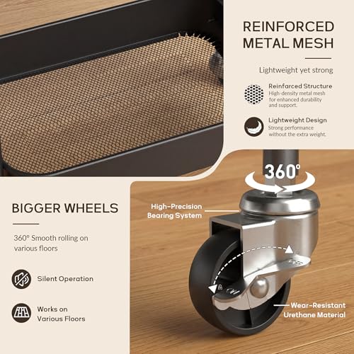 Image of DTK 3 Tier Rolling Cart with Wheels, Heavy Duty Metal Utility Cart, Mobile Storage Organizer with Lockable Casters, Multi-Purpose Rolling Cart for Nursery, Bathroom, Kitchen, Office, Classroom
