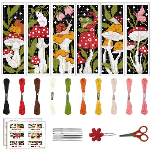 Image of ACRNIGHEET 6PCS Cross Stitch Bookmark Kit for Beginner Stamped Cross Stitch Kits for Adults Mushroom DIY Embroidery Bookmark Kits Needlepoint Kit with Instructions Hand Craft Gift 8.5''x3'' 11CT