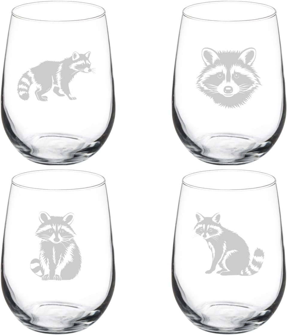MIP Set of 4 Wine Glass Gift Raccoon Collection (17 oz Stemless)