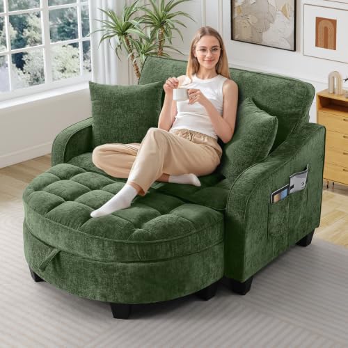 Image of Oversized Chair and A Half, Chenille Tufting Accent Cozy Reading Sofa Chair with Storage Ottoman, Upholstered Loveseat Chaise Lounge Sofa with Adjustable Back for Living Room, Office, Sunroom, Green
