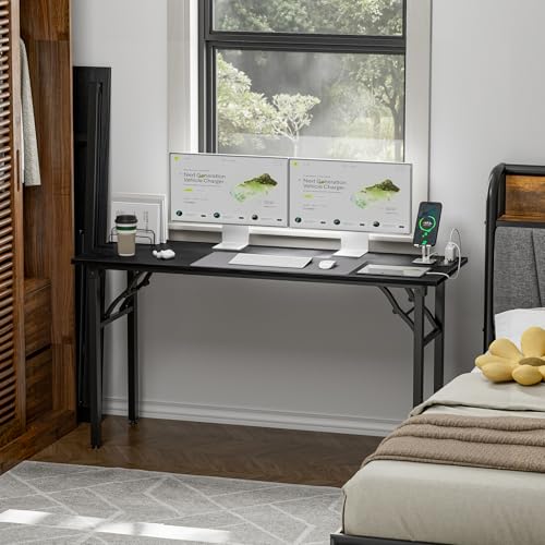 Image of TEMI Long Computer Desk Folding Table - No Assembly, Compact 55.1 inch Foldable Desk with Power Outlets & USB Charging Port, Portable Lagre Office Desk, Study Table for Narrow Spaces, Dark Oak