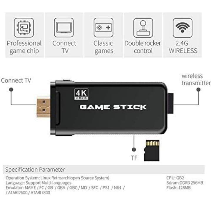 M8 4K Game Stick Lite 64GB with Dual 2.4G Wireless Game Controllers | Plug & Play Retro Console with 10000+ Classic Games | HDMI TV Video Game Console | Black 3
