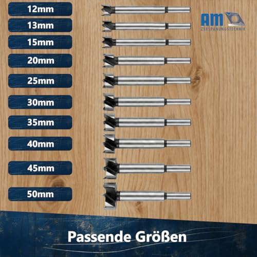 AM-Zerspanungstechnik Forstnerbohrer Set Ø12-50mm | Professionelles Holzbohrer Set 10tlg. | Topfbohrer Holz | Astlochbohrer | Flachbohrer