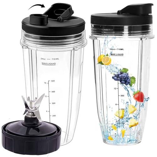 2-Pack Ninja Blender Replacement Parts Ninja Blender Cups and Blades with to-Go Lids 7 Fins Extractor Blade Ninja Blender Accessories for Ninja Bl2012/Bl487a/Bl492/Bl640/Nn100a/Nn101/Nn102