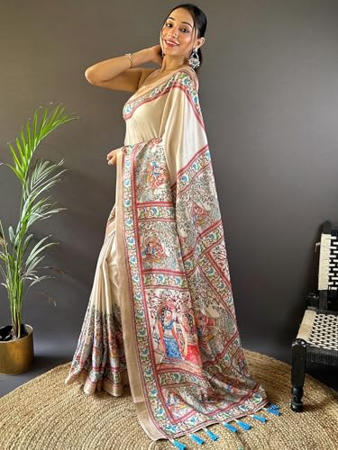 Image of Panzora Women's Tussar Silk Madhubani Printed Saree With Unstitched Blouse Piece