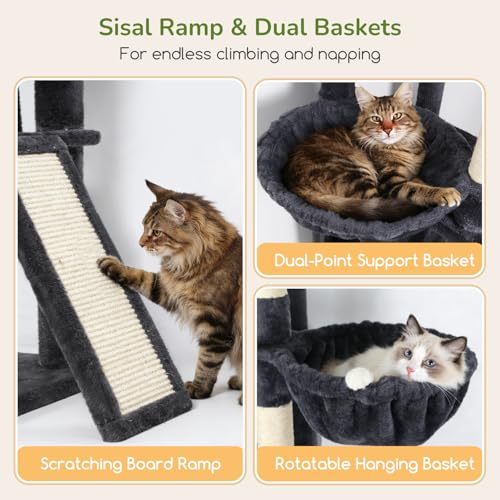 Image of Globlazer Extra Large Heavy Duty Cat Tree, 80in Tall Sturdy Cat Tree Tower for Multiple Indoor Cats Large Adult with Scratching Posts, 2 Spacious Condos with Padding, 2 Soft Perches, S80C, Dark Grey