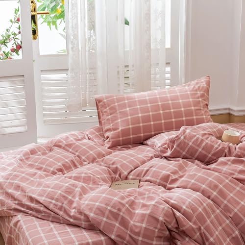 Image of EAVD Modern Style Pink Plaid Duvet Cover Queen Soft Cotton Pink and White Grid Plaid Bedding Set with 2 Pillowcases Simple Checkered Geometric Duvet Cover with Zipper Closure