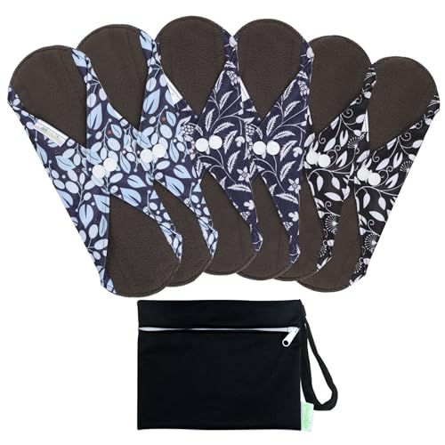 Image of wegreeco Reusable Menstrual Pads - Reusable Sanitary Pads | Reusable Panty Liners | Soft Cloth Menstrual Pads - 6 Pack with 1 Cloth Mini Wet Bag (Large, Leaves 02)