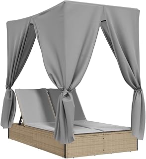 Double Sun Lounger with Roof and Curtains – Beige Poly Rattan Outdoor Daybed for Patio, Garden & Poolside – UV-Resistant, ...