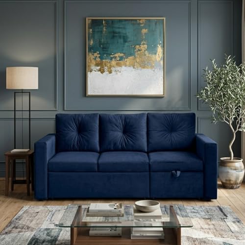 Image of FURNY Tira 4 Seater RHS Lounger Sofa Cum Bed (Dark Blue) with Pull-Out Function | Luxury Velvet Suede Finish | Durable Comfort | Ideal for Living Room