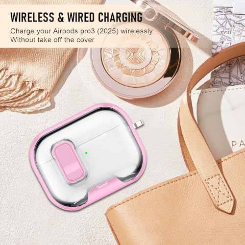 Image of Compatible Airpods Pro 3 Case (2025) with Phone Stand & Cleaner Kit,Print Soft Silicone Lock Clip Apple AirPods Pro 3rd Generation Case, Airpod Pro 3 Cover with Keychain for Women /Girls,Pink