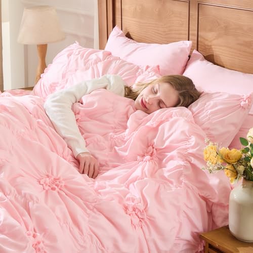 Image of Pink Comforter Set Queen Size Bed in A Bag 7 Piece Pinch Pleat Bedding Set, Pintuck Ruched Flowers Bed Set with Comforter, Sheets, Pillowcases & Shams