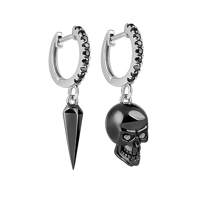 Gnoce Skull and Awl Earring Set Sterling Silver Black Plated"Skull Love" Dangle Earrings with Black Cubic Zirconia Fashion Drop Earrings Jewelry Gift for Women Men