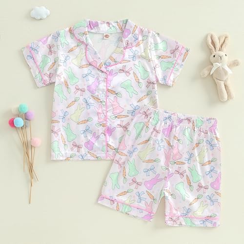 Toddler Girl Boy Easter Pajamas Set Cute Bunny Short Sleeve Button Down Shirt Top Elastic Shorts Sleepwear2