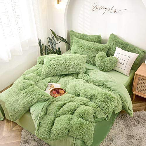 Morromorn 5 Pcs Shaggy Duvet Cover Bedding Set - Fluffy Comforter Cover Long Faux Fur Luxury Ultra Soft Cozy (Green, King/California King) #TOP5