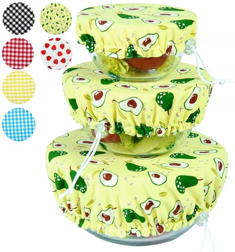 Handmade Reusable Cotton Fabric Bowl Covers - Two Layers of Fabric (Set of 3, Avocado)