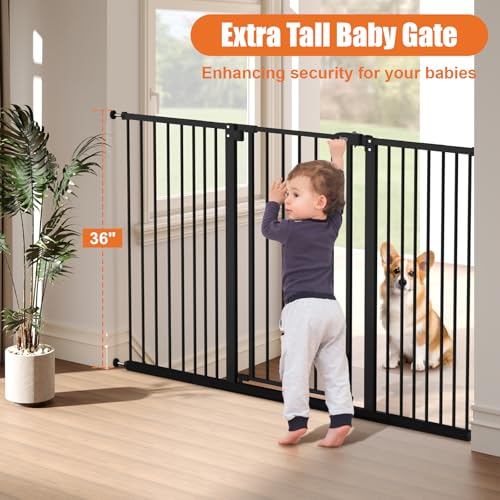 Image of keny 36 inch Extra Tall Baby Gate for Stairs, 29 inch-55 inch Wide Auto Close Dog Gate | for Doorways, Pressure Mounted Easy Walk Through Pet Gate with Door, Black