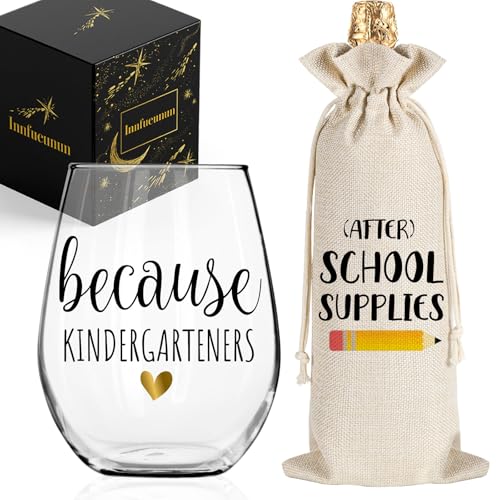 Innfueunun Teachers Wine Glass Because Kindergarteners Stemless Glass&Wine Bag Set, Kindergarten Teacher Christmas Gifts, Funny Teacher Wine Glasses 15OZ, Funny Birthday Gift for Teachers