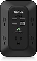 Addtam Surge Protector Power Strip: 5 Outlets 4 USB Ports (USB-C) 1800J 3-Sided Wall Charger Wide Spaced Black