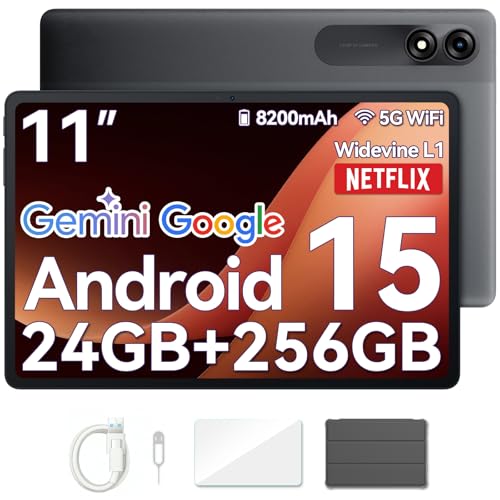 Blackview Tablet 11 Pulgadas Android 15 Tab 9 WiFi 24GB(8+16expansión) RAM + 256GB ROM (2TB TF) Gemini AI/8200 mAh/1920 * 1200 FHD IPS Widevide L1/PC Mode/Face ID/Octa-Core Tablet Gaming con Funda