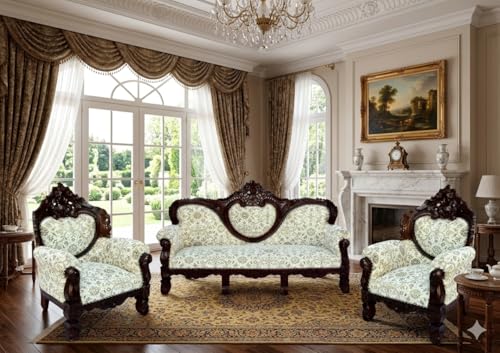 Image of Wooden 5 Seater Sofa Set, Solid Wood Sofa |3+1+1 with Cushion Seating | Traditional Design Furniture for Living Room, Home, Office, Bedroom