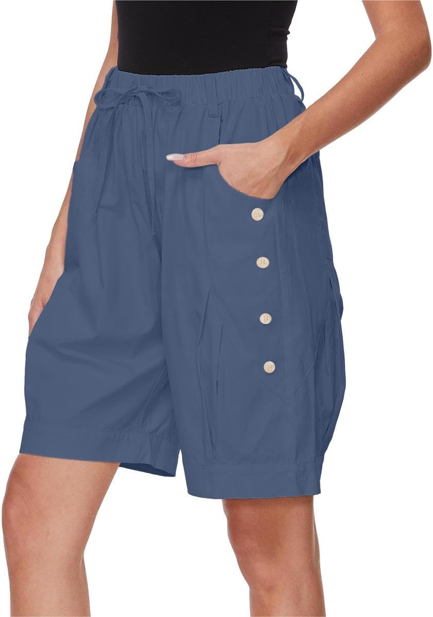 Womens Casual Shorts High Waist Bermuda Drawstring Summer Beach Loose Capris Wide Leg Comfy Dressy Pant with Pockets