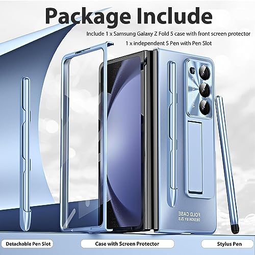 Image of Miimall Case Compatible for Samsung Galaxy Z Fold 5 Case with S Pen, Drop Resistance Built-in Front Screen Protector + Kickstand + Pen Holder Luxury Protection Case for Galaxy Z fold 5 2023 (Blue)