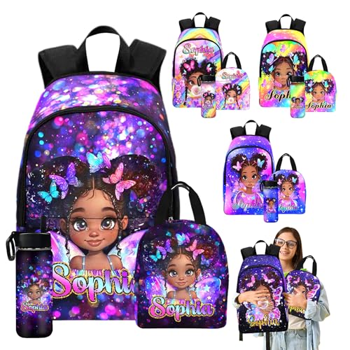 Personalized Girls Backpack with Monogram Name, Custom School Backpack for Girls Kids Cute Colorful Girl Custom Name Daypack Bag with Lunch Bag Print Artwork