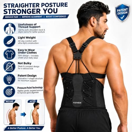 Image of PLETHEON Posture Corrector Belt for Men & Women | Fits 28-46 Inch | Adjustable Thread Support for Customized Fit and Better Posture