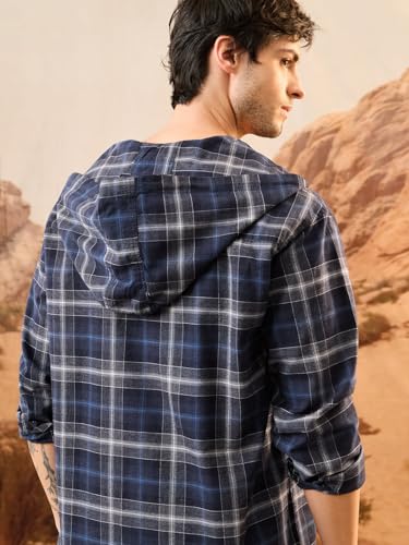 Image of The Souled Store Hooded Shirt: Seaside Men and Boys Long Sleeve Hooded Navy Plaid Lightweight Easy to Style Everyday Office Wear Cotton Relaxed Shirt