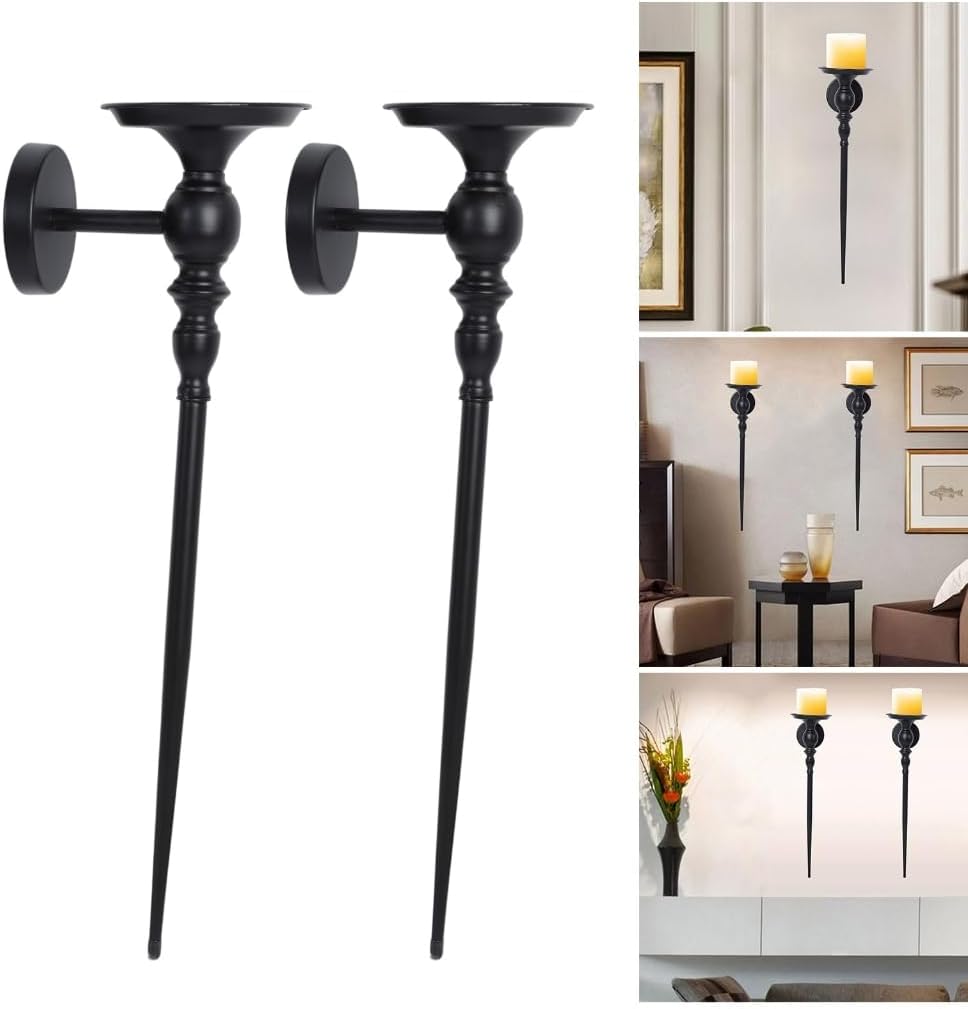 2Pcs Black Metal Wall Candle Sconces with Scepter Detail for Stylish Room Decors