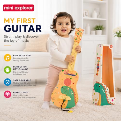 Image of MiniExplorer Ukulele Guitar Toy for Kids, 57 cm 4 String Musical Instrument Toy for Toddlers & Boys Girls Age 3+, Early Educational Pretend Play Guitar - Dino