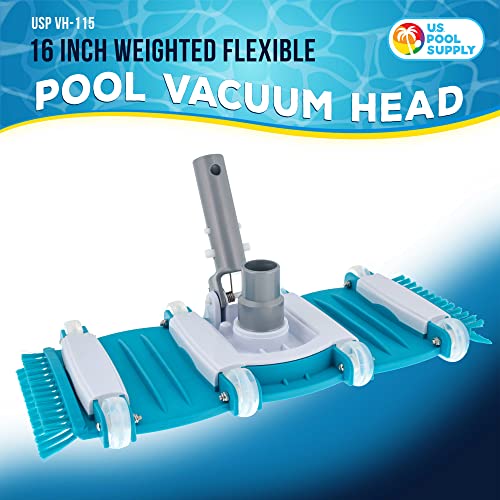 U.S. Pool Supply Professional 16\" Weighted Flexible Swimming Pool Vacuum Head with Side Brushes, Swivel Hose Connection, EZ Clip Handle - Heavy Duty, Clean Floor Debris, Connect 1-1/4\" or 1-1/2\" Hose