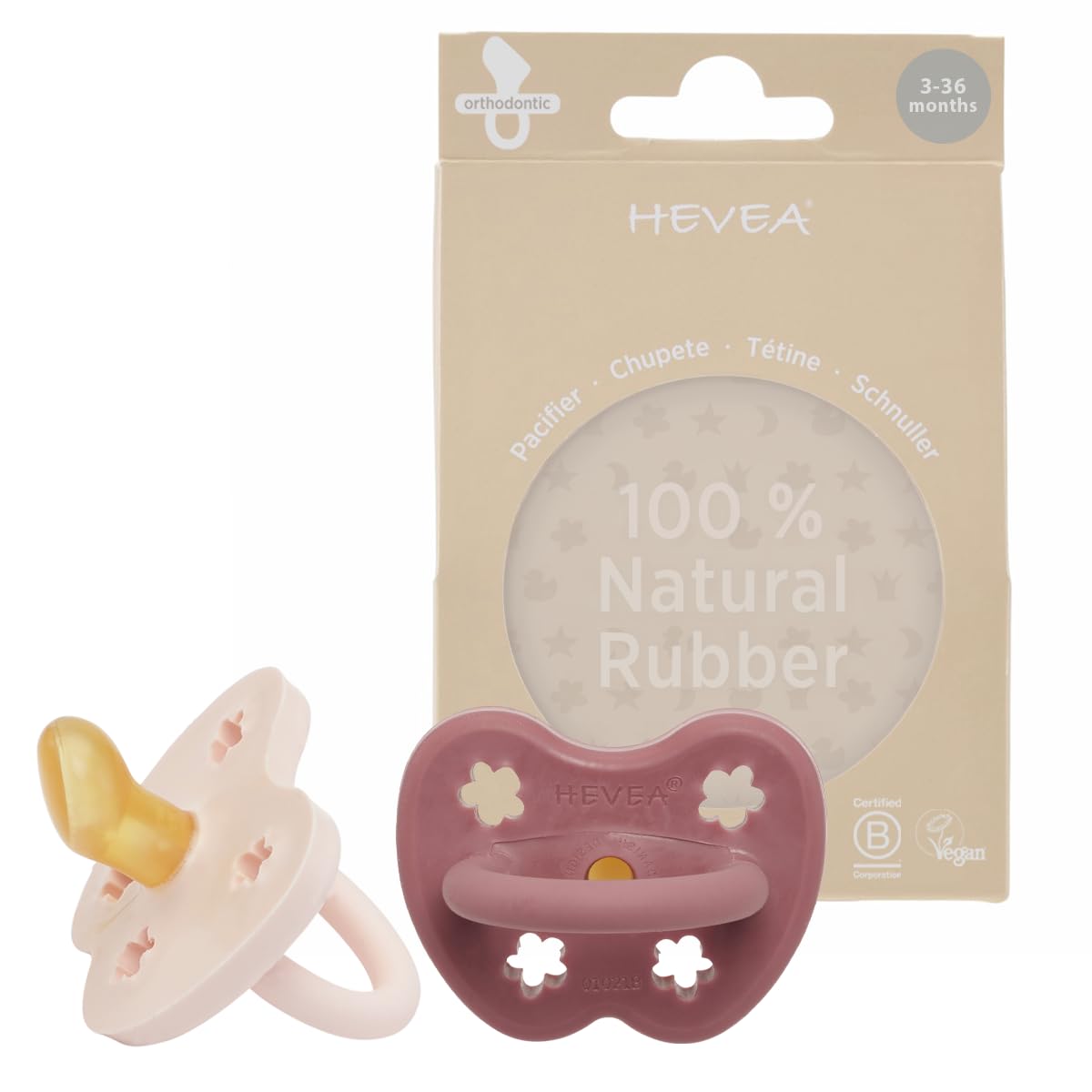 HEVEA Naturkautschuk Schnuller Kiefergerechte Form, 3-36 Monate - hygienisches einteiliges Design für Neugeborene bis Kleinkinder, BPA-frei, weich & langlebig - 2Pack (Puderrosa & Kirschrot)