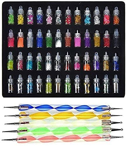 ORiTi Nail Art Tools(53 Pcs) - 48 Bottles 3D nail art Glitter Set and 5 Pcs Double Sided Nail Dotting Tool Pen Great gift for Girl, Women