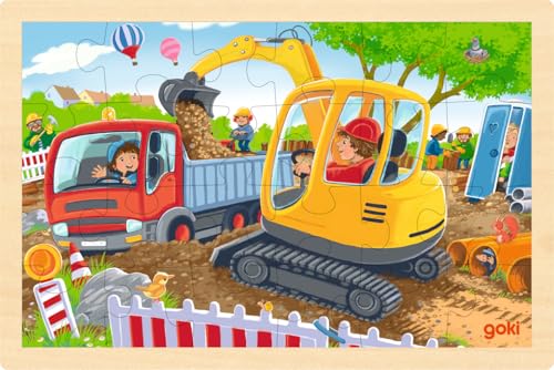 goki 57338 - Einlegepuzzle Bagger - 24 robuste Teile aus Holz - perfekt fĂĽr kleine Baustellenfans