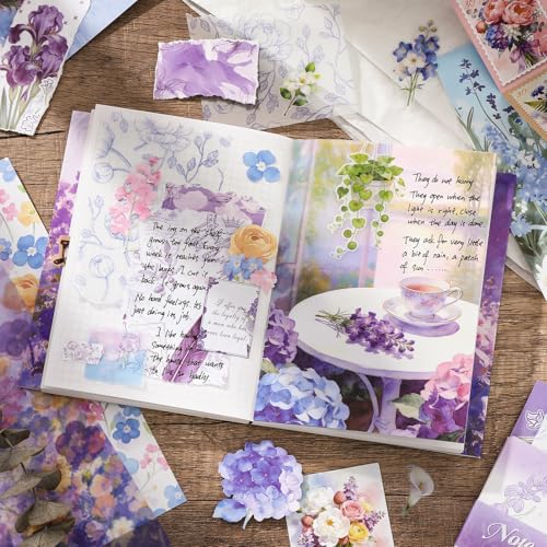Image of WEMOL Vintage Journal Scrapbook Pack Kit for Art Journaling Bullet, Planners DIY Paper Stickers, Craft Kits Notebook, Collage Album Aesthetic Sticker (Purple Flower)