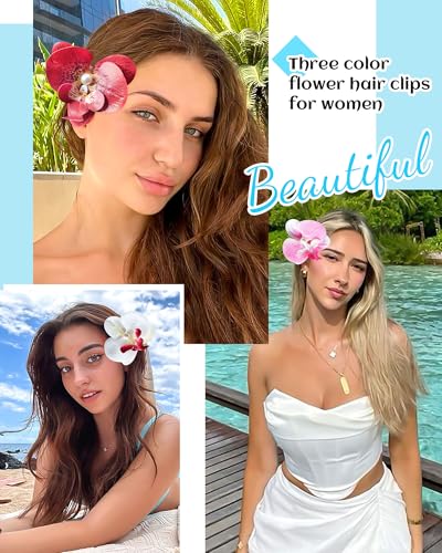 3Pcs Hawaiian Flower Hair Clip for Women Butterfly Orchid Hair Barrettes Flower Hair Clips with Pearl Summer Artificial Flowers Hair Clips for Beach, Bridal Hair Accessories(Red+Pink+White) — view 4