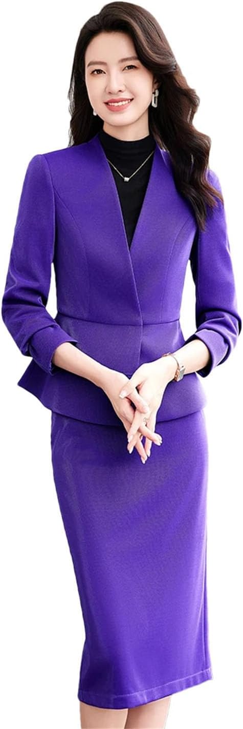 Women's Spring Solid Color V-Neck Hidden Breasted Blazer and High Waist Skirt Holiday Set