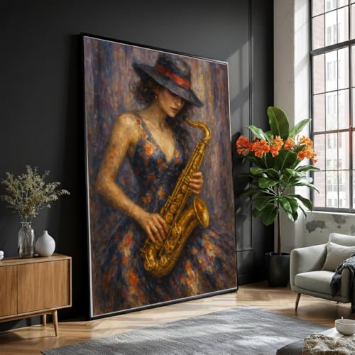 Toile femme au saxophone art mural musicienne jazz tableau vintage 80x110