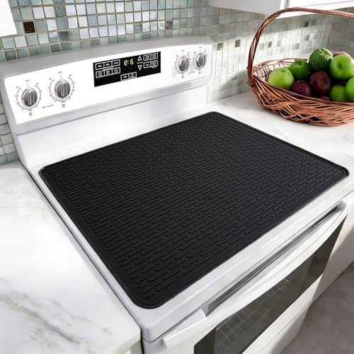 LONGKING Stove Top Cover for Electric Stove - Silicone Stove Mat for Glass Top Stove Glass Cooktop Protector Dish Drying Mats For Kitchen Range Covers for Electric Stove (Black 28 x 20)