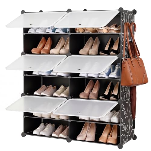 Image of DUMOS 6-Tier Shoe Storage Cabinet with Door, Stackable, 24 Pairs, Black