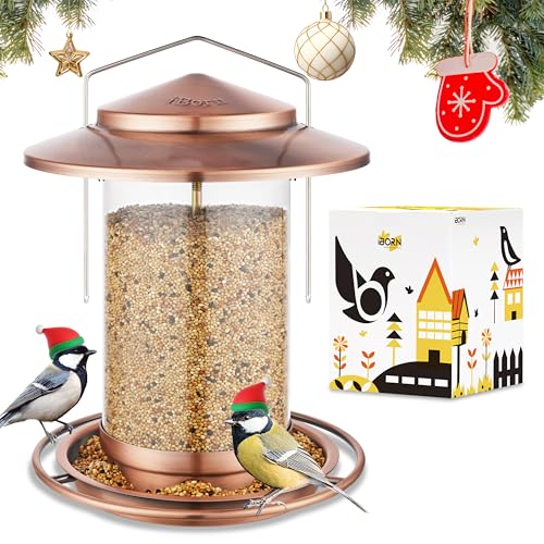 iBorn Bird Feeders for Outdoors Hanging,Metal Bird Feeders for Cardinal Chew Proof 18cm Large Roof&Tray Birdfeeders Outside Hanging,Brushed Copper 6 Port (Seed is not Included)
